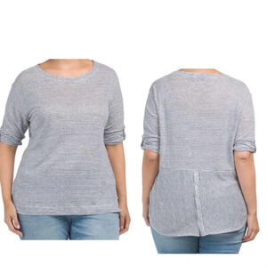 Adrienne Women's 100% linen Striped Tee Shirt Blue White Mature 3XL Casual Top